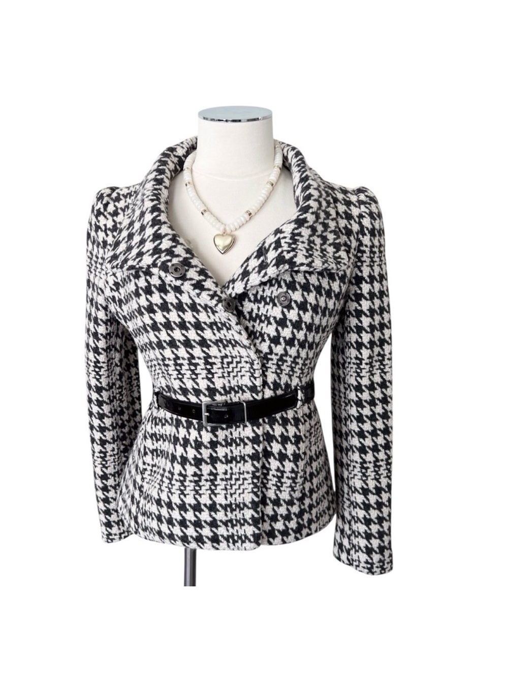 H&M Black & White Houndstooth Peplum Belted Jacket